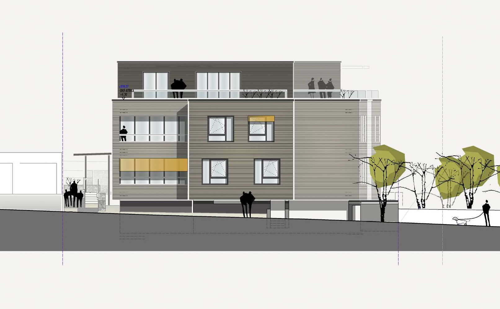 Architekturzeichnung der Sudost-Fassade mit Holzverkleidung